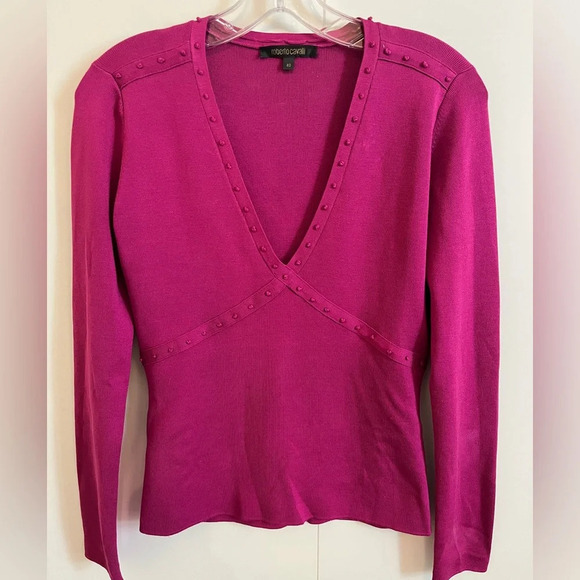 Roberto Cavalli Sweaters - Roberto Cavalli magenta silk sweater with detailing. V-neck. EUC. Size 40IT